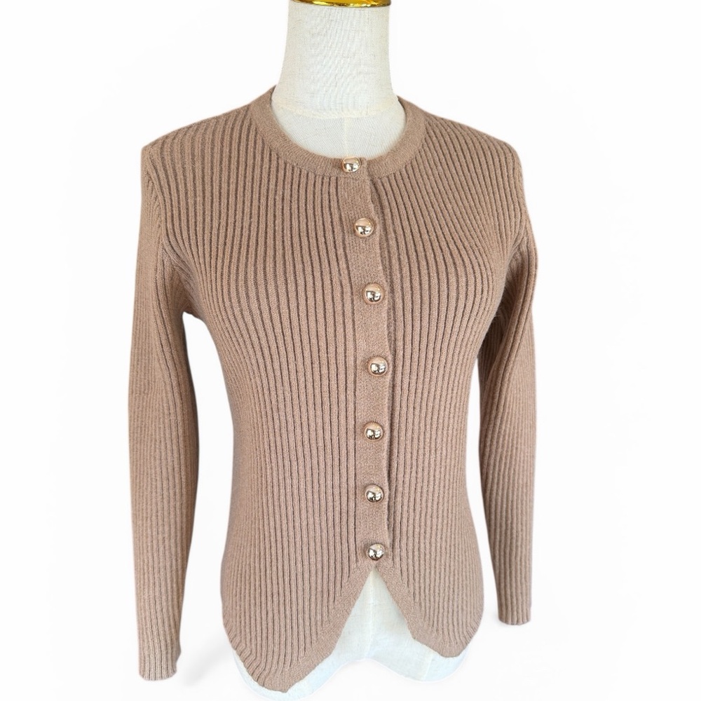 Commense Ribbed Cardigan Camel Button Front Split Hem Minimalist Size S - Picture 6 of 12